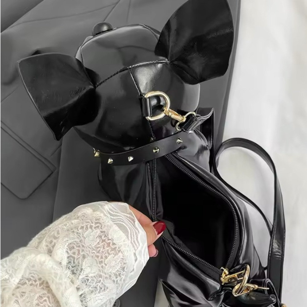 Sleek Black BULLDOG Crossbody Bag with GOLD METAL HARDWARE - Picture 4 of 8